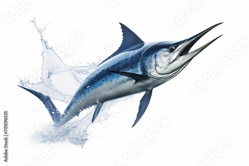 Marlin leaping out of the water isolated on a white background. Animal side portrait.