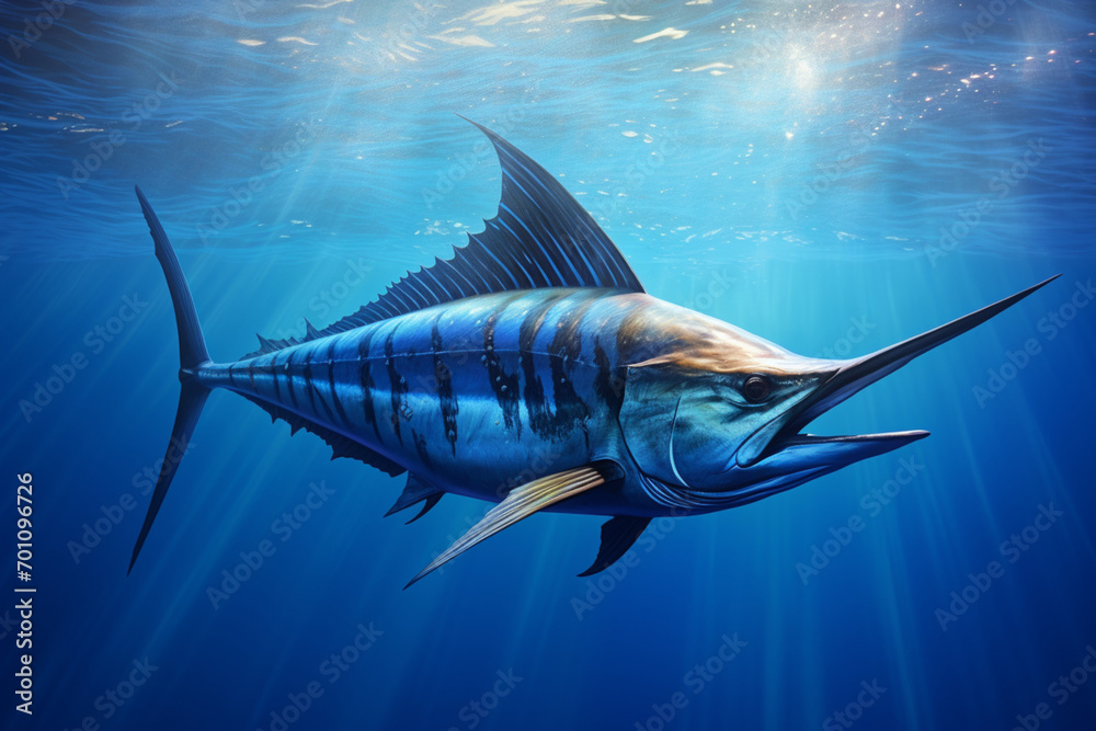 Obraz premium Marlin swimming underwater. Animal side portrait.