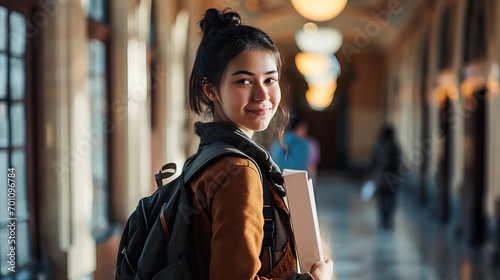 smiling student with backpack and some papers is posing in the hall at university photo