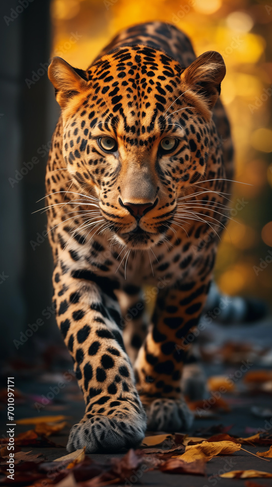 Naklejka premium A leopard walks along the road, looking formidable. There was sunlight shining down in a beautiful golden light.