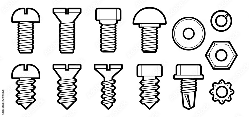 Screws, bolts, carriage bolts, lag bolts, nut and washers. Round head, flat head or hex head. Fasteners have machine threads, wood threads, including a self drilling, threading hardware. - obrazy, fototapety, plakaty 