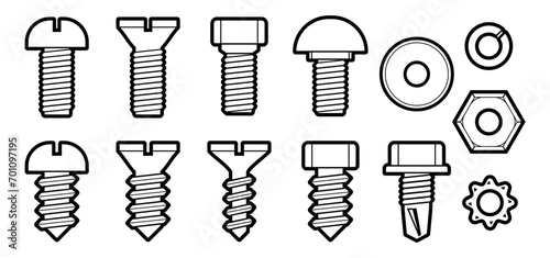 Screws, bolts, carriage bolts, lag bolts, nut and washers. Round head, flat head or hex head. Fasteners have machine threads, wood threads, including a self drilling, threading hardware.