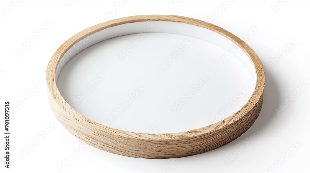 Wooden circle Frame with Poster Mockup isolated on white background.