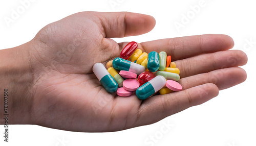 Hand holding colorful medical pills isolated on transparent background,