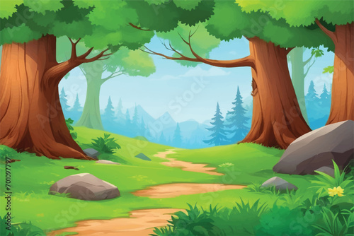 vector forest scene with a hiking track and many trees  vector forest scene with various forest trees