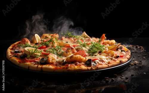 Freshly made pizza is placed on a black tray. Looking at it, it looks very delicious.