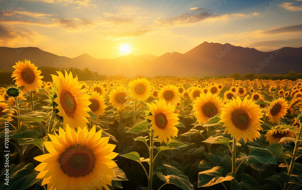 Fototapeta premium Morning sunflower field There was golden light from the sun shining on the sunflower field.