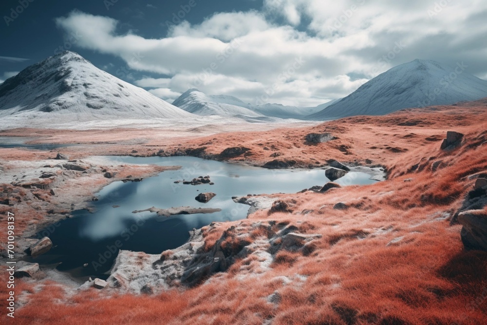 Aerial view capturing the dramatic landscape with infrared colors in the fantasy realm of Scotland.