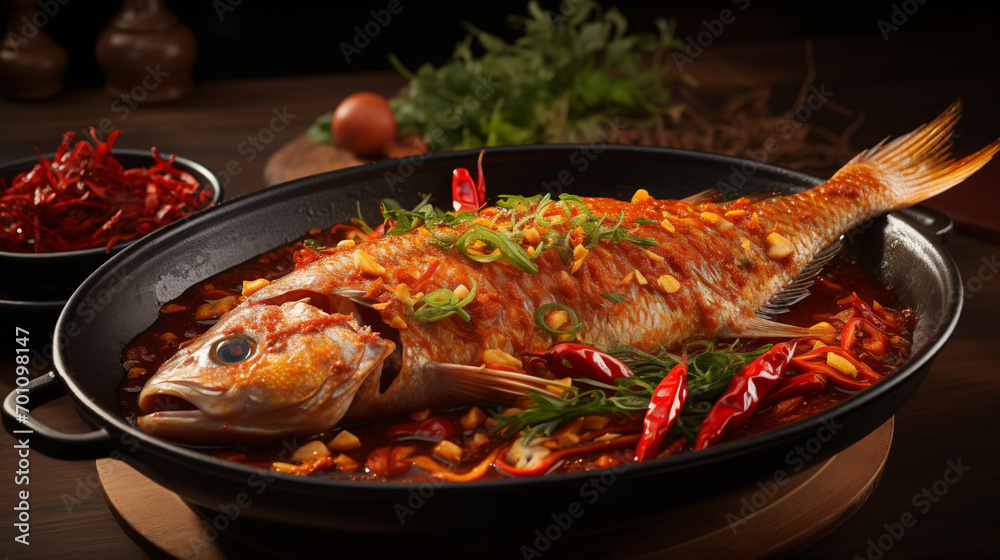 Fish topped with chili is ready to be served on a plate. Looks delicious and ready to eat.
