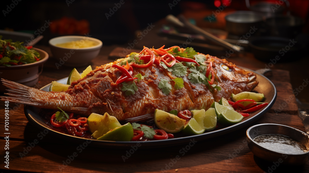 Fish topped with chili is ready to be served on a plate. Looks delicious and ready to eat.