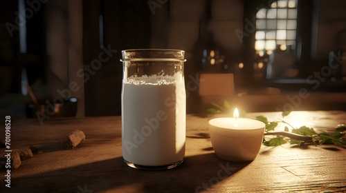 Milk in a glass bottle on a wooden table with a burning candle.