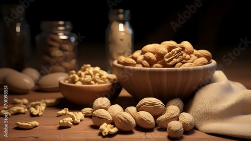 Walnuts in a wooden bowl on a wooden table. Walnut kernels in a wooden bowl.