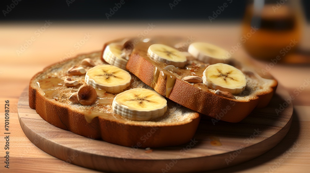 Delicious toast with banana and nuts on a wooden table, closeup Delicious toast with banana and nuts on a wooden table, closeup