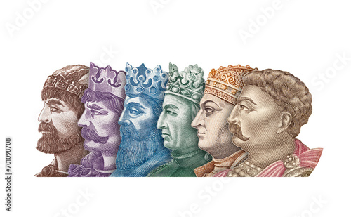 Six Polish kings portraits from banknotes isolated on white background