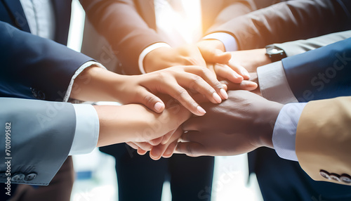 business people shaking hands in office, Unity in Success: Businessmen's Hands Clasped Together After a Job Well Done