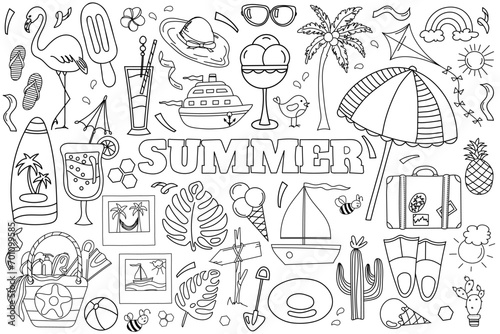 Hand-Drawn Vector Doodle Set For A Summer-Themed Anti-Stress Coloring Page, Featuring The Sea And Everything Needed For Summer Relaxation In A Coloring Book