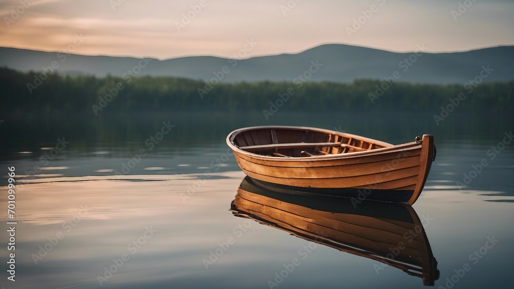 boat on lake Wooden row boat drifting in calm water  - obrazy, fototapety, plakaty 