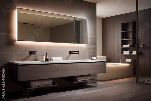 Sleek modern classic minimalist bathroom featuring a floating vanity  mirror with integrated lighting  and a spa-like atmosphere