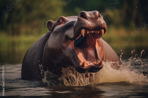 Hippo opening mouth in the pond 