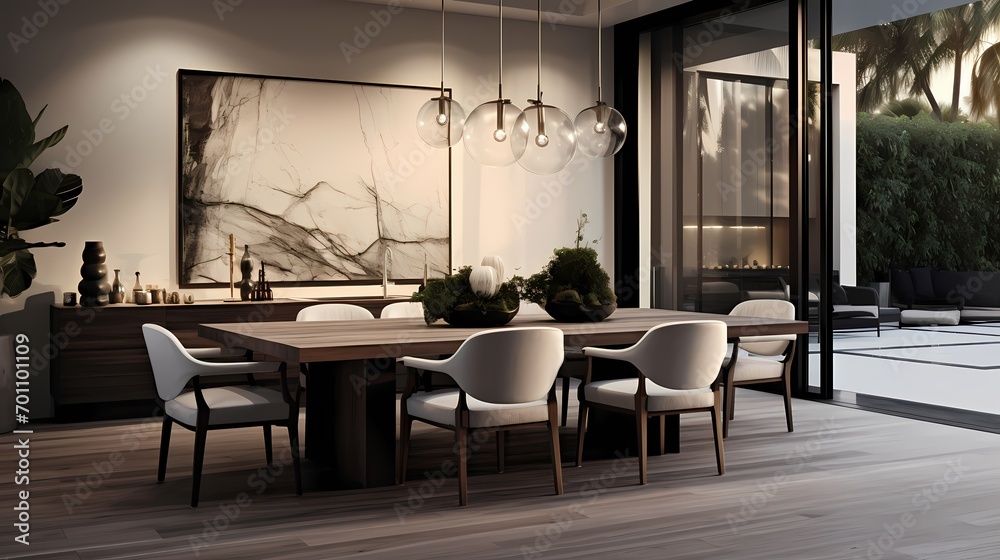 Sophisticated dining area with a custom-designed table, statement lighting, and a curated display of contemporary art