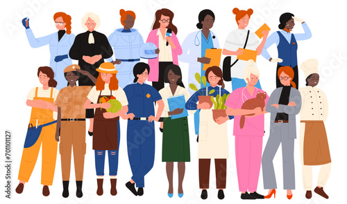 Women of different professions crowd vector illustration. Cartoon isolated many girls in professional clothes standing, woman judge and scientist, driver and flight attendant, astronaut and ceramist