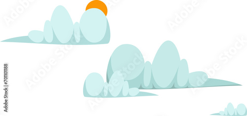 Cartoon clouds with sun isolated on white in blue and yellow colors. Vector illustration.