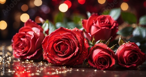 A close-up of vibrant red roses surrounded by sparkling bokeh  creating a romantic ambiance -Generative Ai