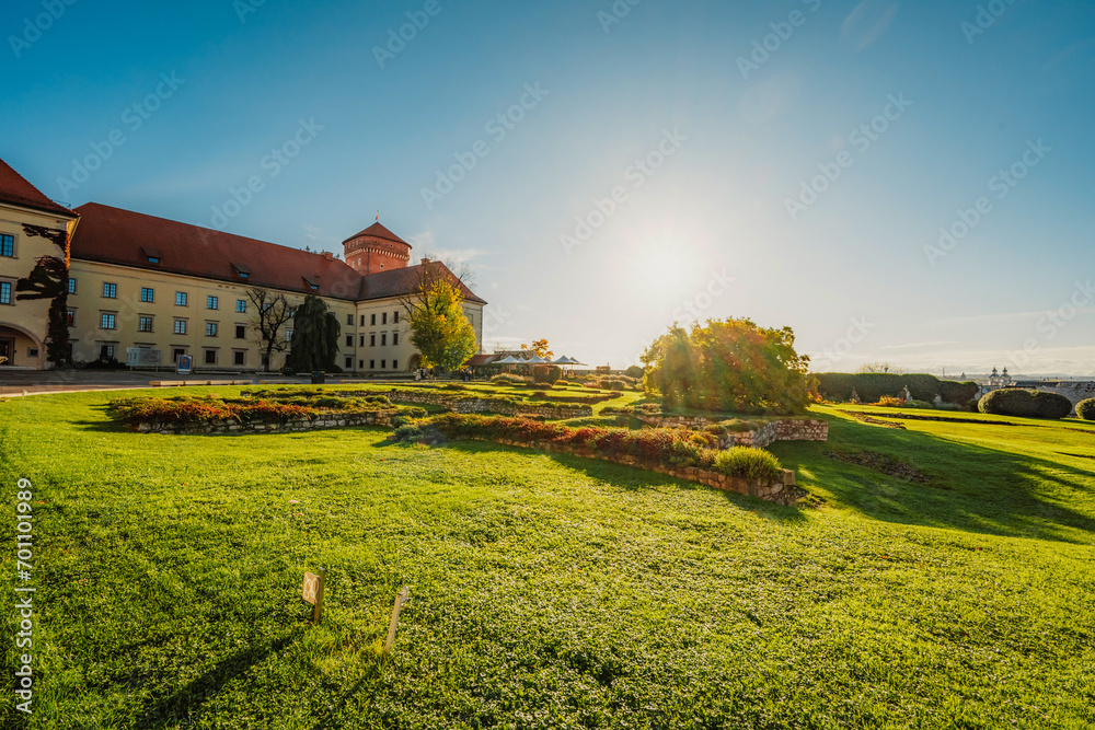 Wawel castle famous landmark in Krakow Poland. Landscape on coast river Wis - obrazy, fototapety, plakaty 