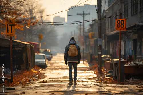 Un  viajero con su mochila caminando por una calle en invierno   photo