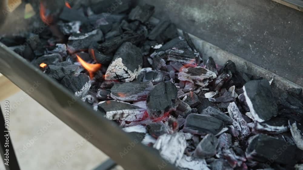 Charcoal burns in the grill. Tongues of flame and sparks burst out. Slow motion. Charcoal burns in the grill. Tongues of flame and sparks burst out. Slow motion.