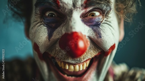 Portrait of a scary clown with a red nose  close-up