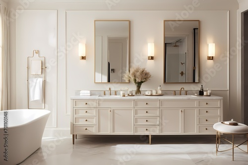 Sophisticated modern classic minimalist ensuite bathroom with double vanities, a statement mirror, and refined design elements