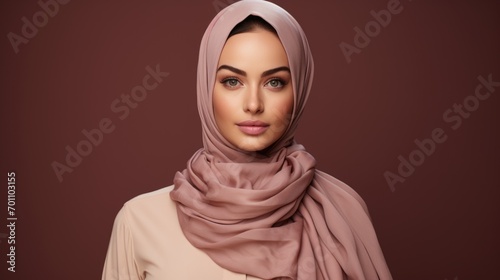 portrait of beautiful muslim woman in fashionable dress with hijab