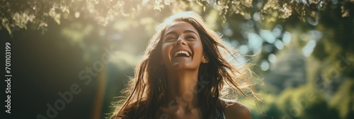 happy woman in white sundress laughs in nature green grass fresh air