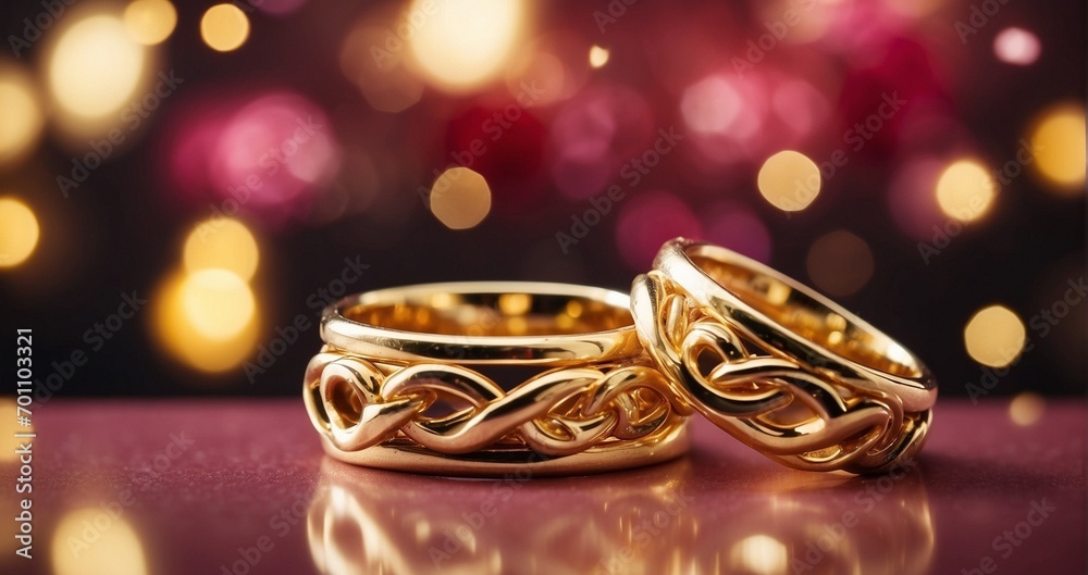 A pair of interlocked golden rings in focus against a dreamy bokeh-filled Valentine's backdrop -Generative Ai A pair of interlocked golden rings in focus against a dreamy bokeh-filled Valentine's backdrop -Generative Ai