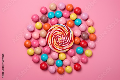 Colorful candies and lollipop, sweet treats on a pink background photo