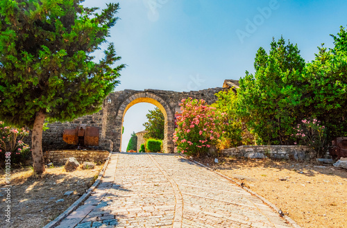 View of the Lekuresi Castle Restaurant on top of a mountain near Saranda, South Albania. Albania beach riviera photo