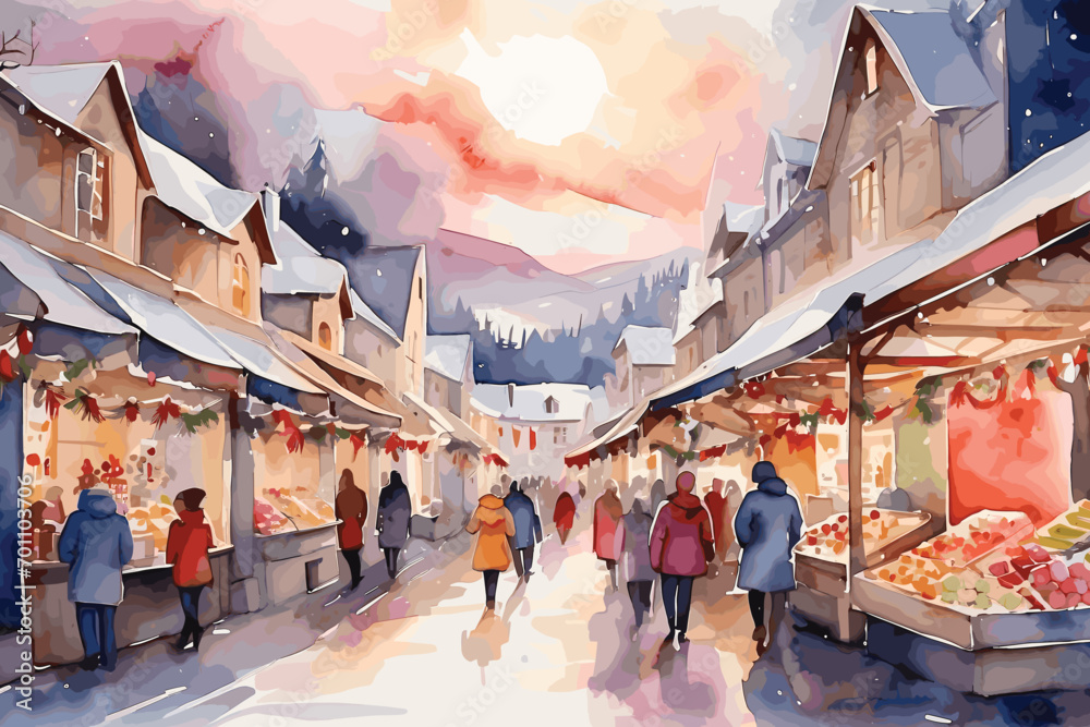 Watercolor illustration of a christmas market in a village