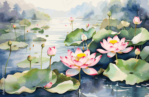 watercolor painting of lotus flowers and leaves in water, Japanese style art, vector illustration 