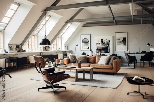 Spacious mid-century Copenhagen loft interior, combining iconic furniture, neutral tones, and open living spaces © CREATER CENTER