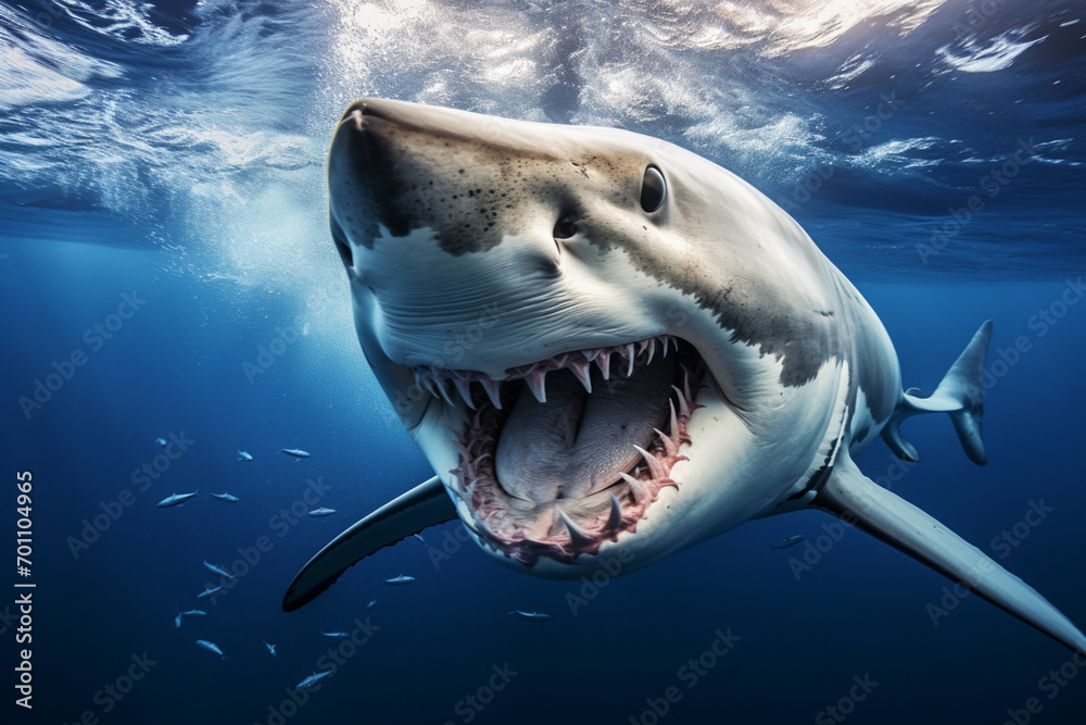 Naklejka premium Great white shark lunging underwater with its jaws wide open.