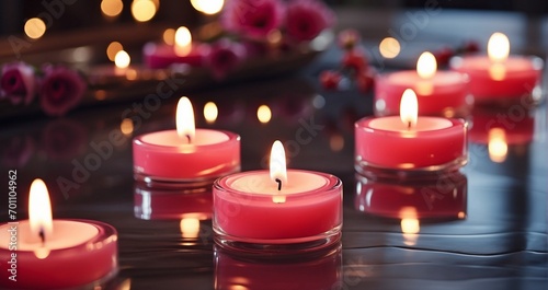Softly lit candles casting heart-shaped reflections on a polished surface in a cozy Valentine s setting -Generative Ai
