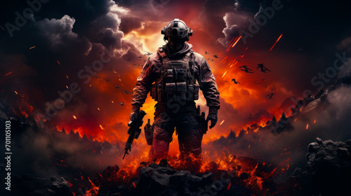 Call of duty mobile hd art full wallpaper collection. A soldier standing in front of a fire filled sky photo