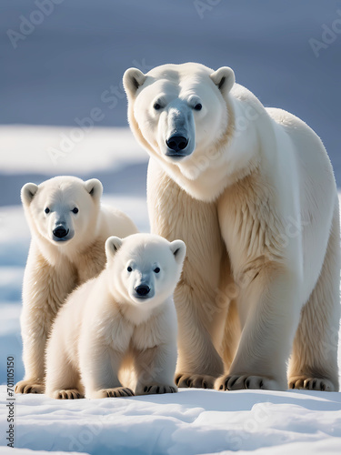 Polar Bear Family With Snow Outdoors. Generative AI