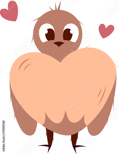 Cartoon hand draw bird with hearts isolated on white background in peach fuzz color. Vector.