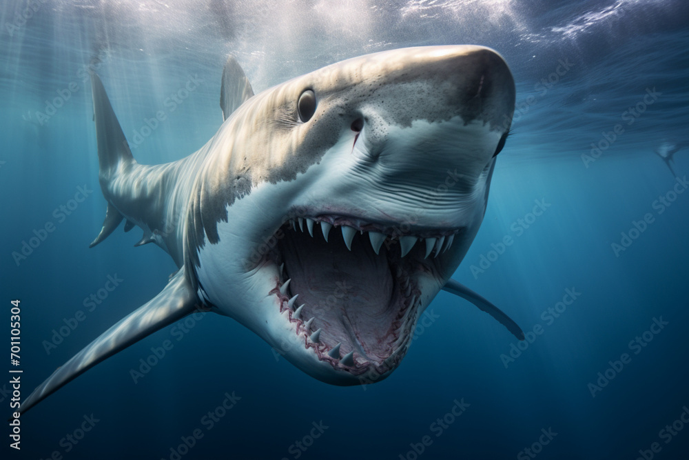 Naklejka premium Great white shark lunging underwater with its jaws wide open.