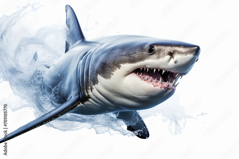 Obraz premium Great White Shark isolated on a white background. Animal side portrait.