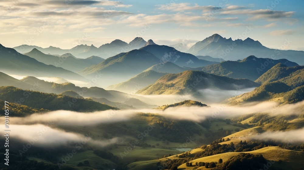 Panoramic landscape of a mountain range during an autumn morning