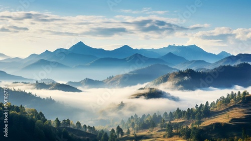Panoramic landscape of a mountain range during an autumn morning