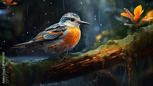 Beautiful bird on a branch in the rain © Ali